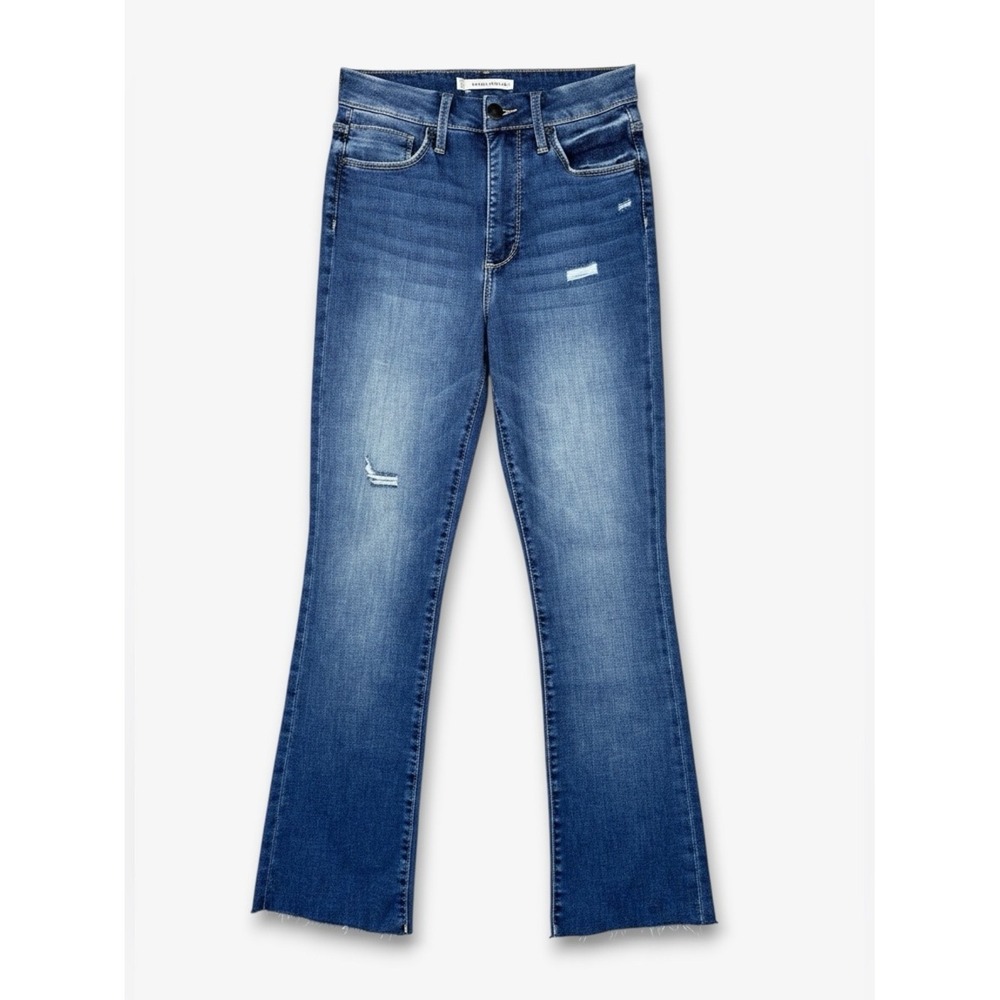 Whetherly Charlie High Rise Kick Flare‎ Jeans Medium Wash 24 Raw Hem Distressed